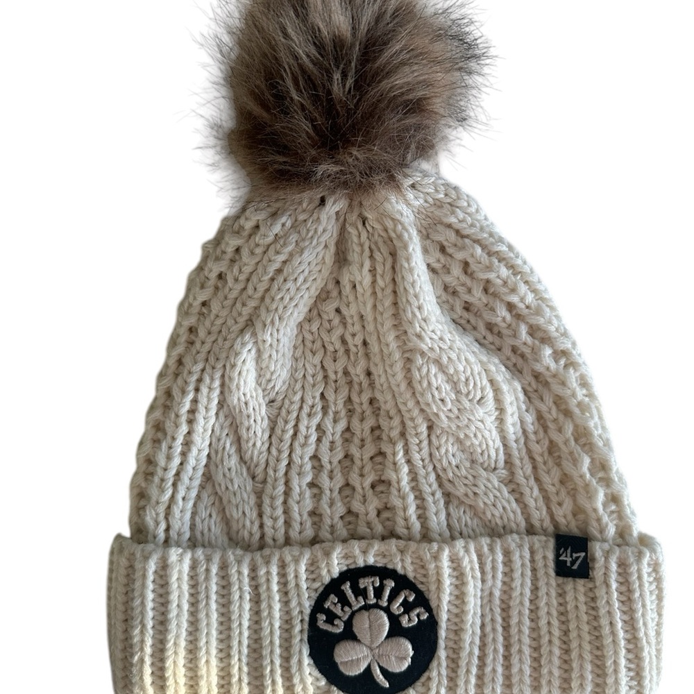 Boston Celtics 47 Cream Knit Pom-Pom Beanie